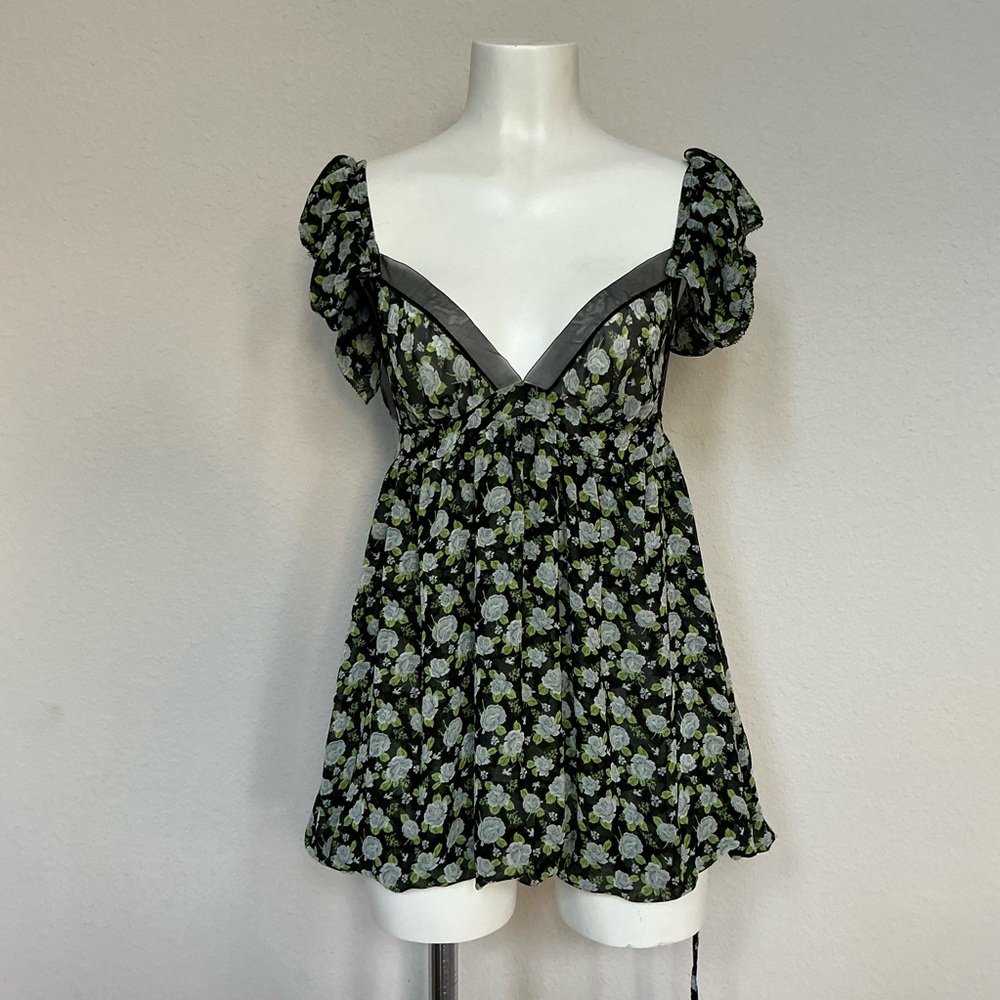 Victoria's Secret Black Floral Puff Sleeve Babydoll